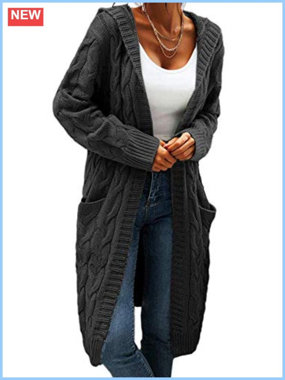 Hooded Open Front Cardigan Cable Knit Chunky Long Sweater Coat for Women